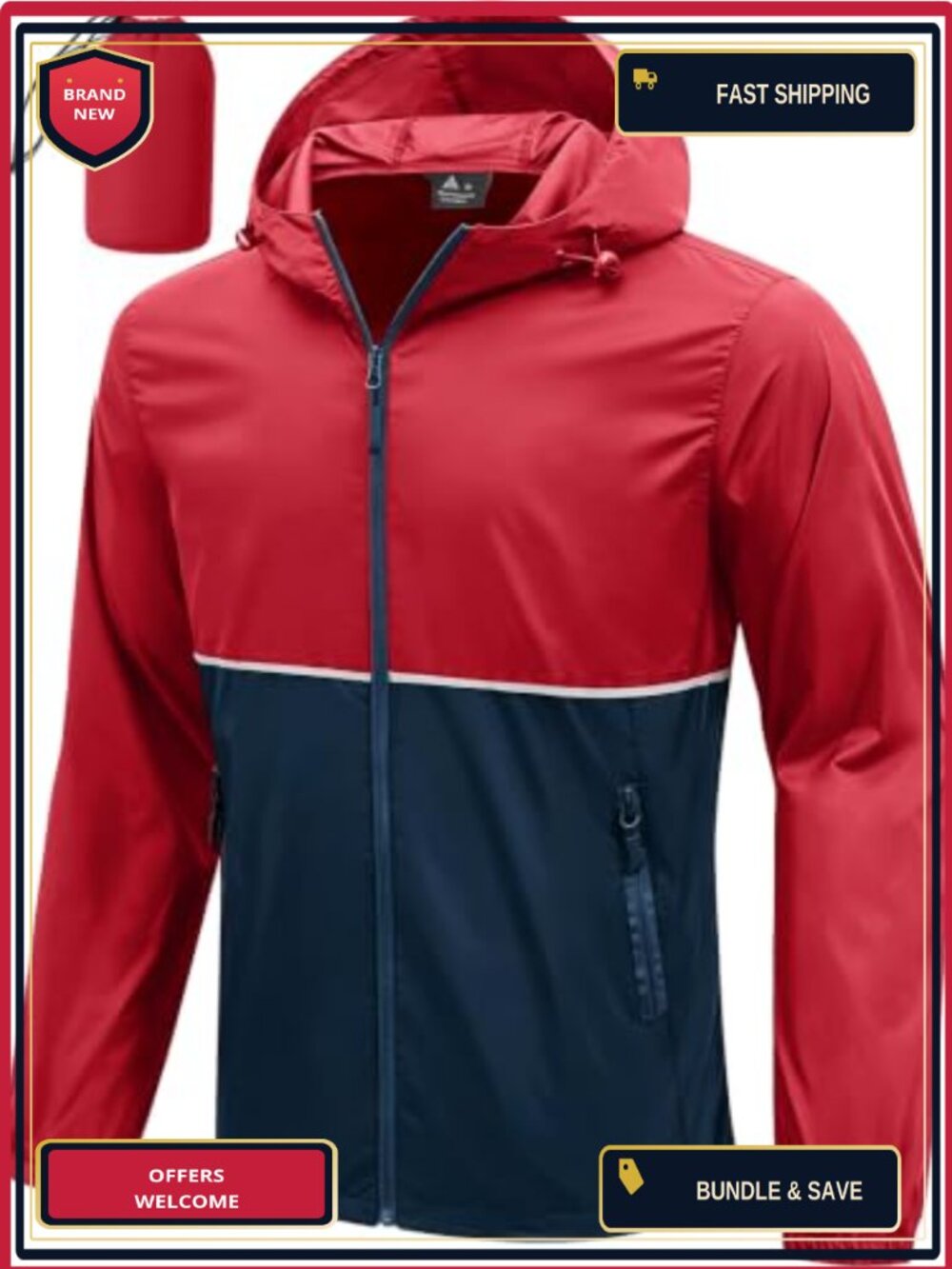 Men's Waterproof Packable Rain Jacket with Reflective Stripes Ripstop